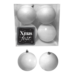 93-2454 Μπάλες Λευκές Shiny & Glitter πακ=4τεμ φ10 Φ10cm χονδρική, Χριστουγεννιάτικα χονδρική