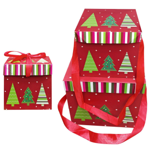 93-3734 Κουτιά Χάρτινα Xmas με Δέντρα σετ=3 τεμ 10x10x10cm 15x15x15cm 20x20x20cm χονδρική, Χριστουγεννιάτικα χονδρική